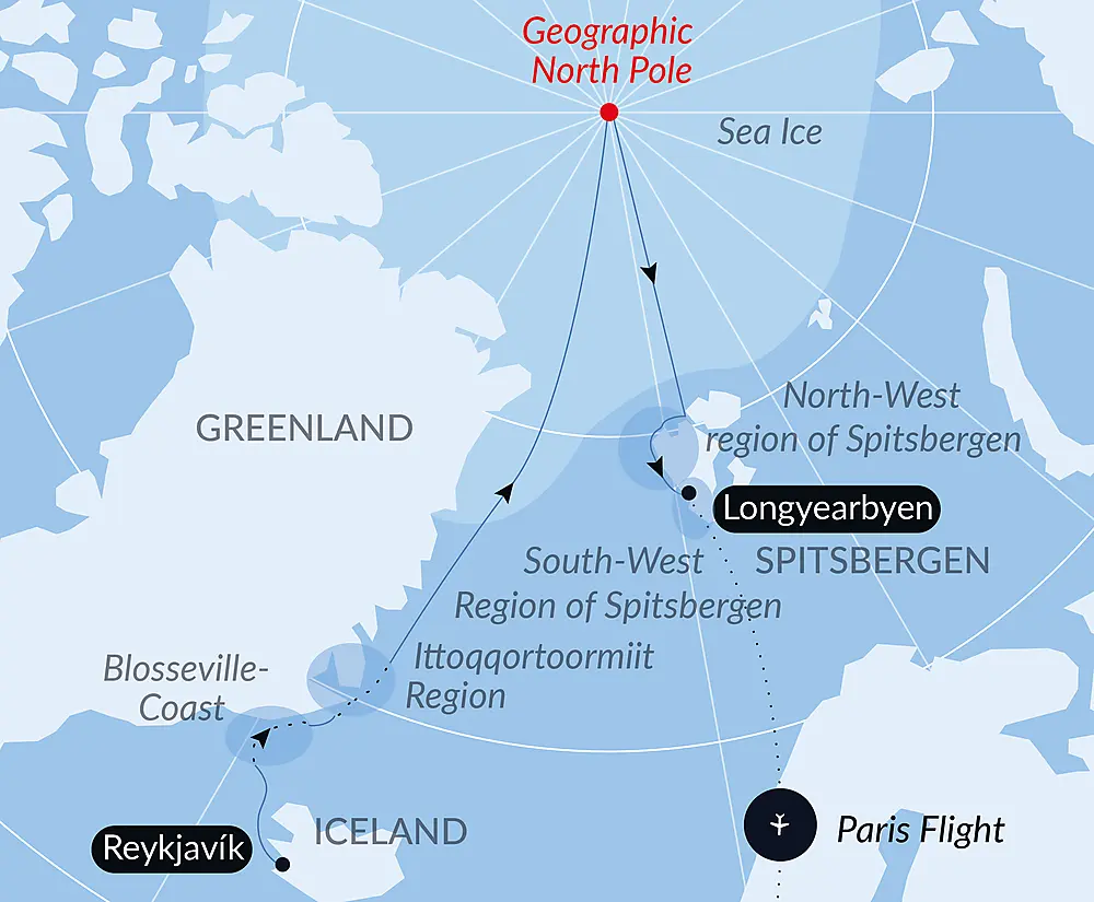The Geographic North Pole and the east coast of Greenland